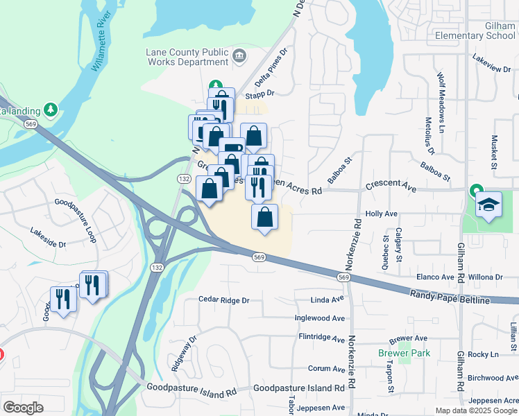 map of restaurants, bars, coffee shops, grocery stores, and more near 2710 Delta Oaks Drive in Eugene