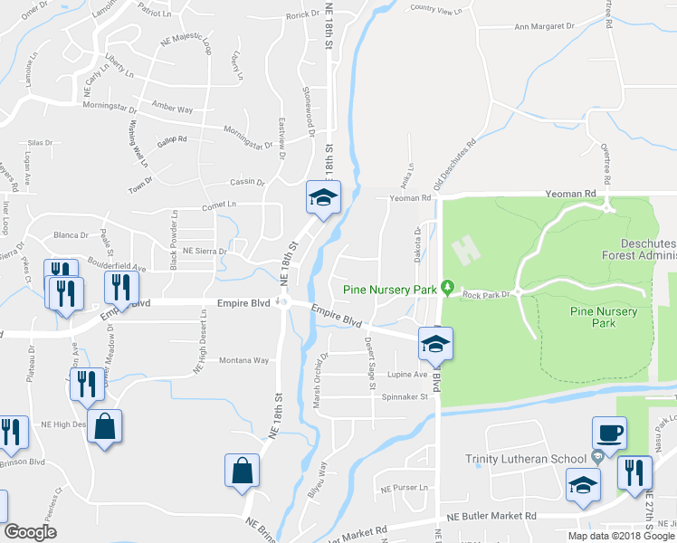 map of restaurants, bars, coffee shops, grocery stores, and more near 20914 Kodiak Court in Bend