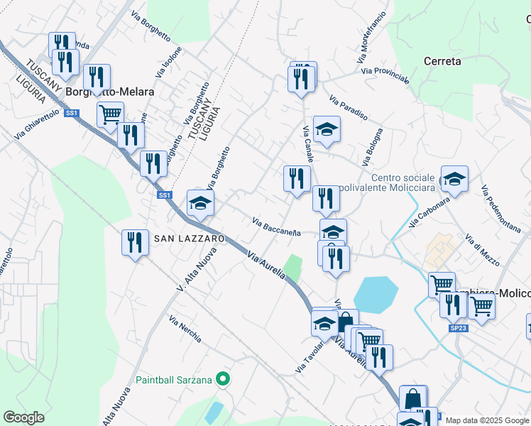 map of restaurants, bars, coffee shops, grocery stores, and more near 24 Via Aglione in Colombiera-Molicciara
