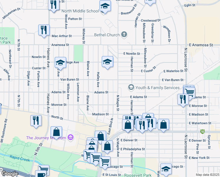 map of restaurants, bars, coffee shops, grocery stores, and more near 808 Holcomb Avenue in Rapid City