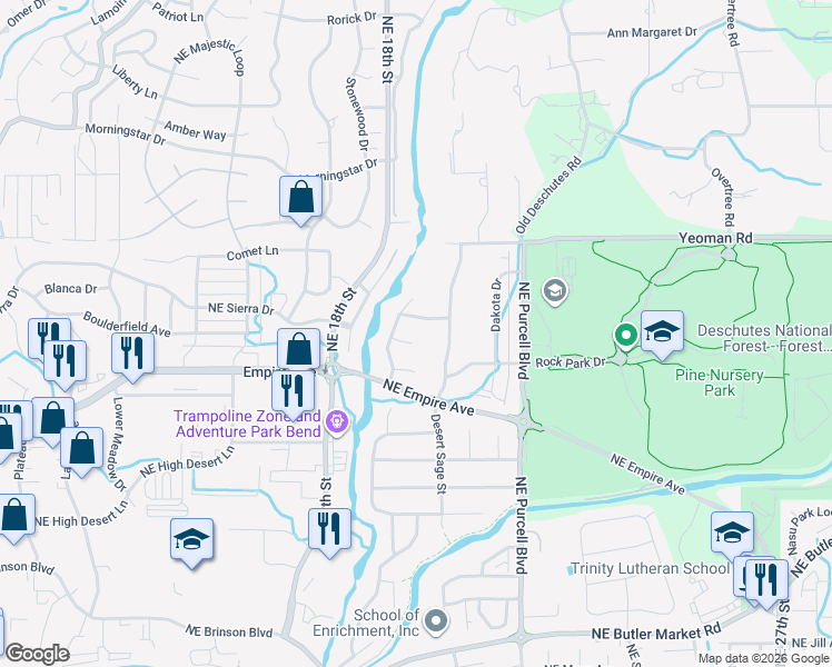 map of restaurants, bars, coffee shops, grocery stores, and more near 20949 Lava Flow Lane in Bend