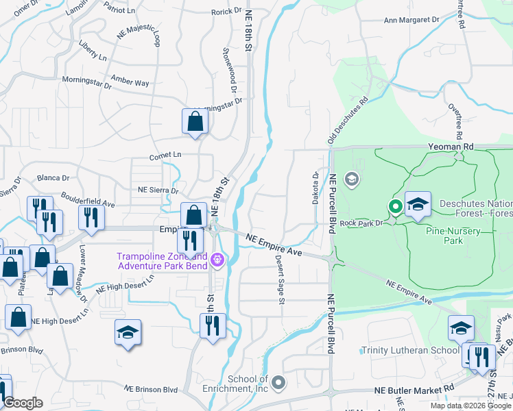 map of restaurants, bars, coffee shops, grocery stores, and more near 20949 Lava Flow Lane in Bend