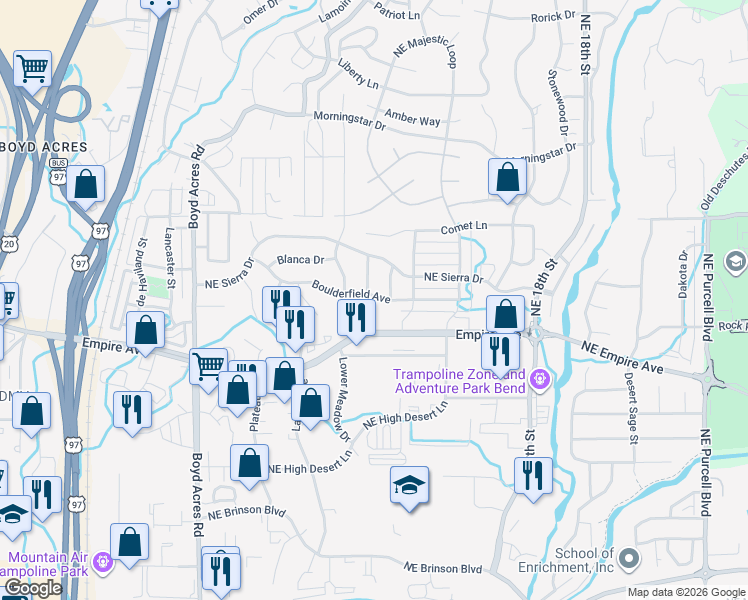 map of restaurants, bars, coffee shops, grocery stores, and more near 63141 Northeast Meridian Place in Bend