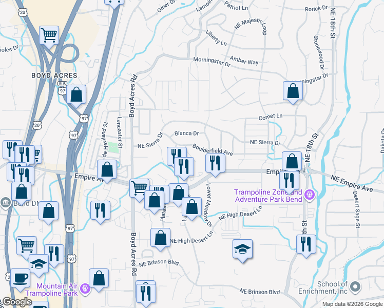 map of restaurants, bars, coffee shops, grocery stores, and more near 20678 Boulderfield Avenue in Bend