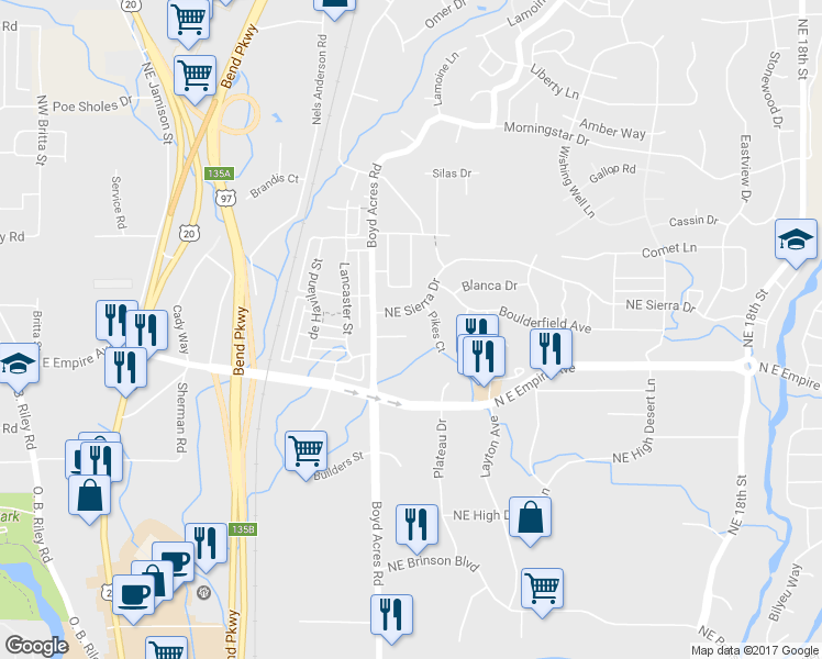 map of restaurants, bars, coffee shops, grocery stores, and more near 20593 Northeast Sierra Drive in Bend