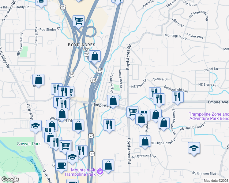map of restaurants, bars, coffee shops, grocery stores, and more near 63145 Lancaster Street in Bend