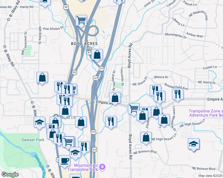 map of restaurants, bars, coffee shops, grocery stores, and more near 63139 Beaufort Court in Bend
