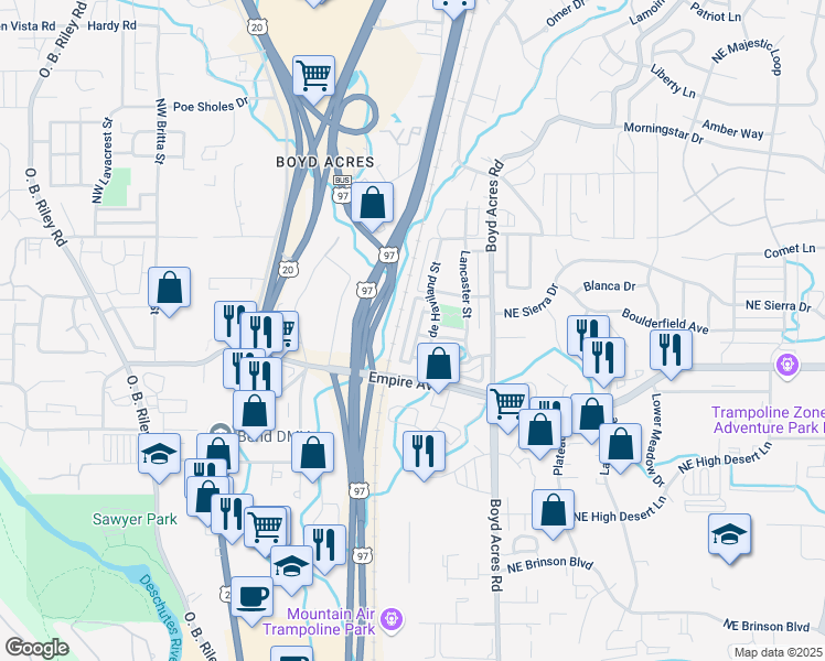 map of restaurants, bars, coffee shops, grocery stores, and more near 63139 Beaufort Court in Bend