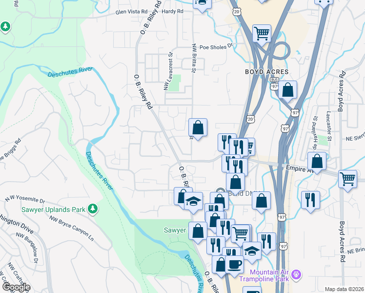 map of restaurants, bars, coffee shops, grocery stores, and more near 20265 Ellie Lane in Bend
