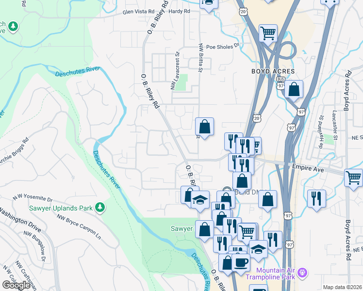 map of restaurants, bars, coffee shops, grocery stores, and more near 63137 O. B. Riley Road in Bend