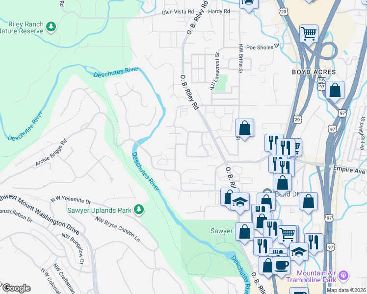 map of restaurants, bars, coffee shops, grocery stores, and more near 63138 Riverstone Drive in Bend