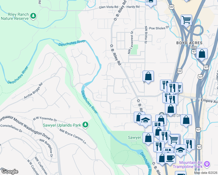 map of restaurants, bars, coffee shops, grocery stores, and more near 63138 Riverstone Drive in Bend