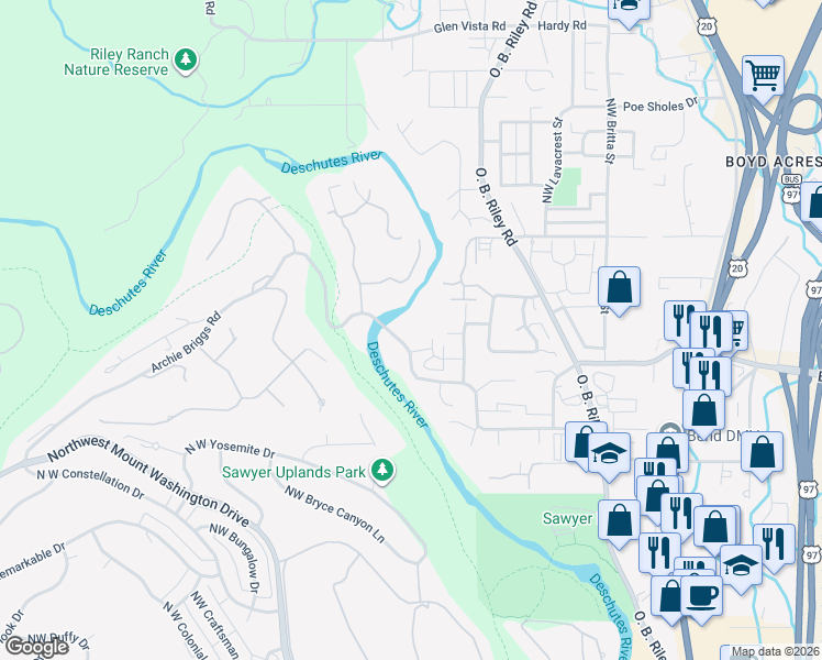 map of restaurants, bars, coffee shops, grocery stores, and more near 20136 Archie Briggs Road in Bend