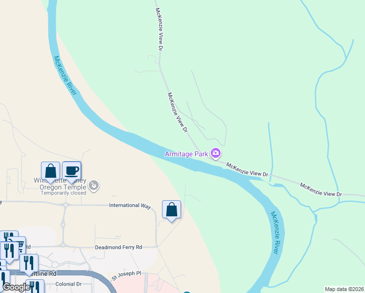 map of restaurants, bars, coffee shops, grocery stores, and more near 33738 McKenzie View Drive in Eugene