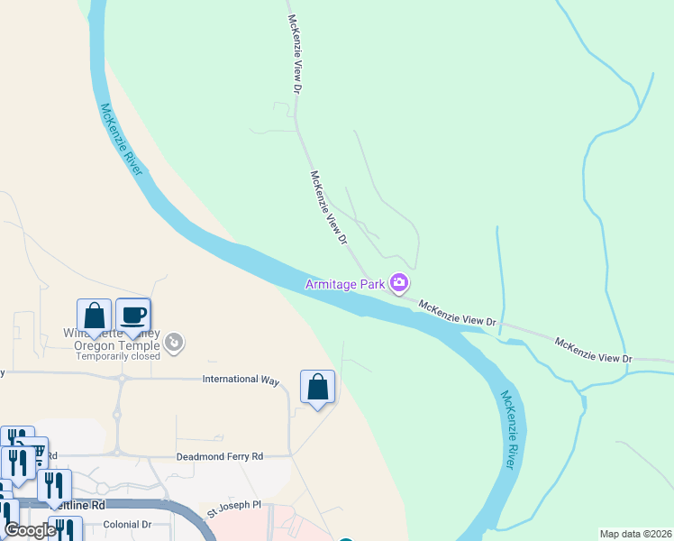 map of restaurants, bars, coffee shops, grocery stores, and more near 33738 McKenzie View Drive in Eugene