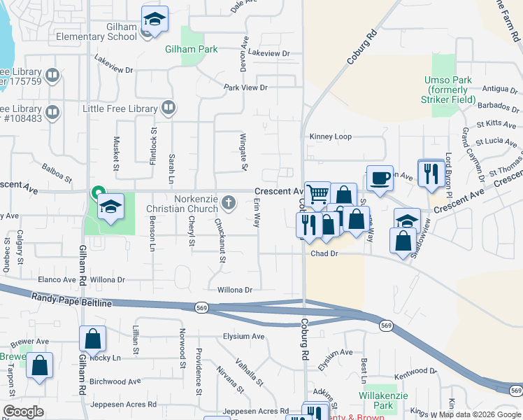 map of restaurants, bars, coffee shops, grocery stores, and more near 2671 Erin Way in Eugene