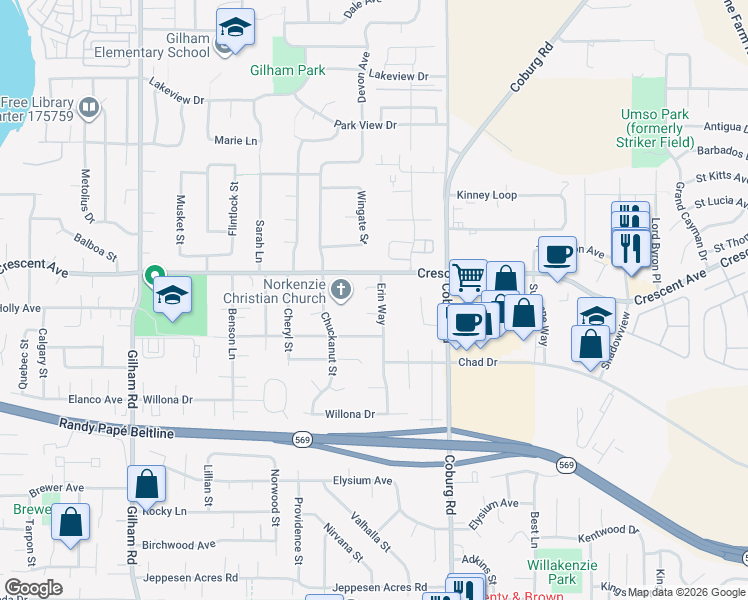 map of restaurants, bars, coffee shops, grocery stores, and more near 2671 Erin Way in Eugene