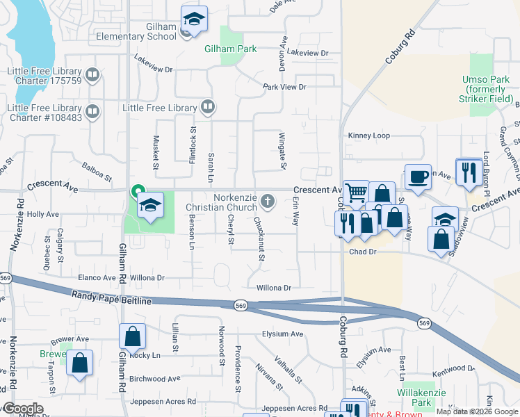 map of restaurants, bars, coffee shops, grocery stores, and more near 2680 Chuckanut Street in Eugene
