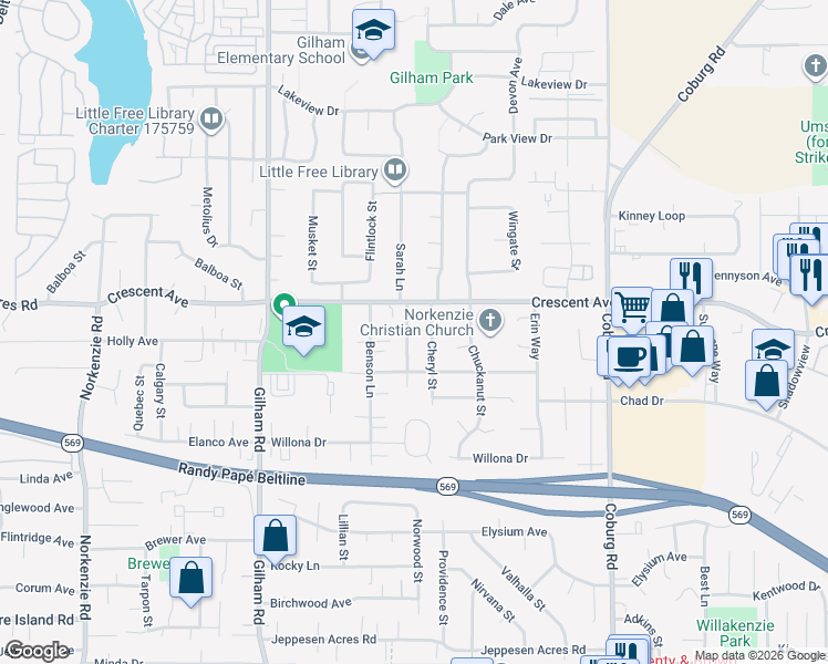map of restaurants, bars, coffee shops, grocery stores, and more near 2684 Cheryl Street in Eugene