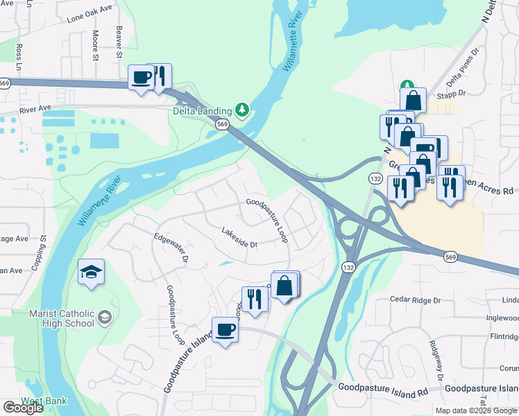 map of restaurants, bars, coffee shops, grocery stores, and more near 3477 Brookview Drive in Eugene