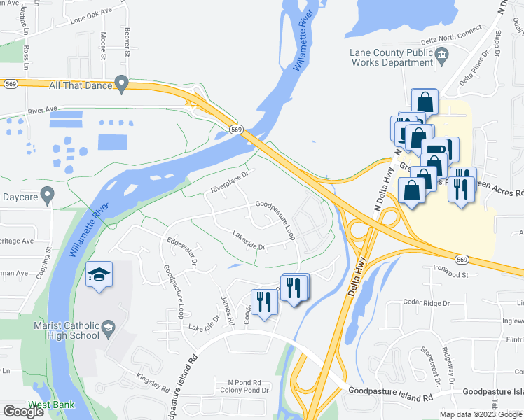 map of restaurants, bars, coffee shops, grocery stores, and more near 3489 Riverplace Drive in Eugene