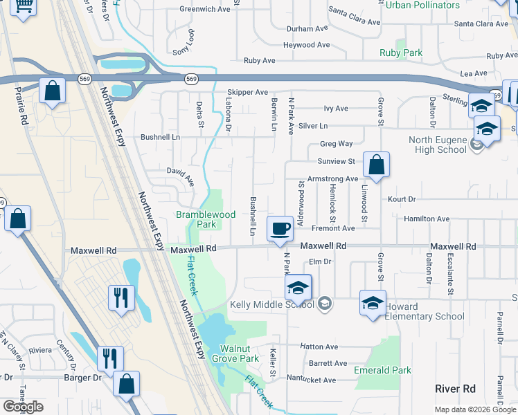 map of restaurants, bars, coffee shops, grocery stores, and more near 1810 Berwin Lane in Eugene