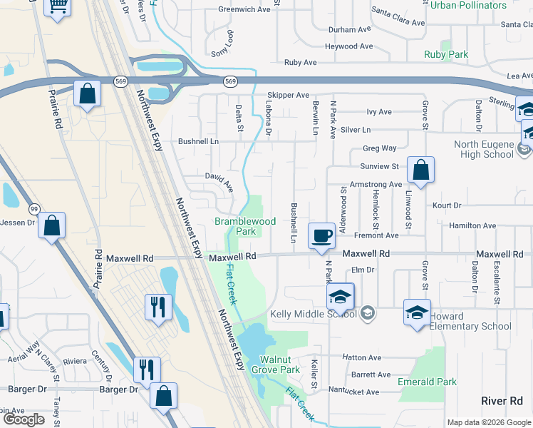 map of restaurants, bars, coffee shops, grocery stores, and more near 1846 Labona Drive in Eugene
