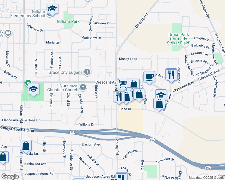 map of restaurants, bars, coffee shops, grocery stores, and more near 2766 Crescent Avenue in Eugene