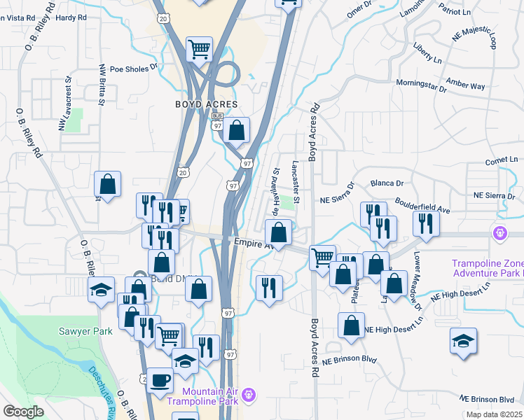 map of restaurants, bars, coffee shops, grocery stores, and more near 63139 Beaufort Court in Bend