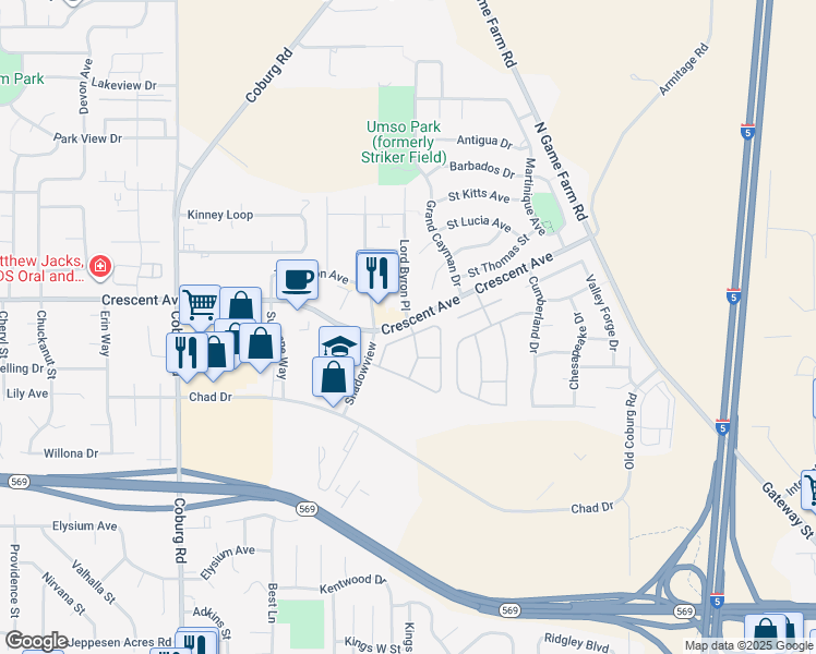 map of restaurants, bars, coffee shops, grocery stores, and more near 2705 Lord Byron Place in Eugene