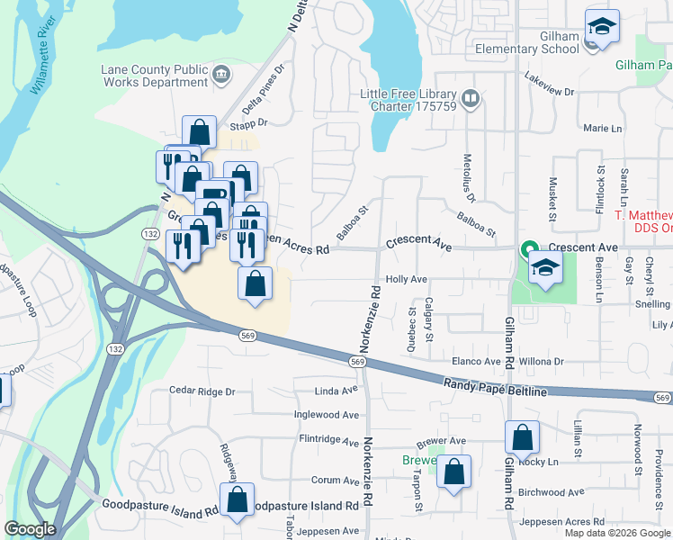 map of restaurants, bars, coffee shops, grocery stores, and more near 1490 Green Acres Road in Eugene