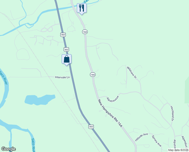 map of restaurants, bars, coffee shops, grocery stores, and more near 234 Nh Route 16a in Intervale
