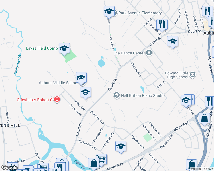 map of restaurants, bars, coffee shops, grocery stores, and more near 555 Court Street in Auburn