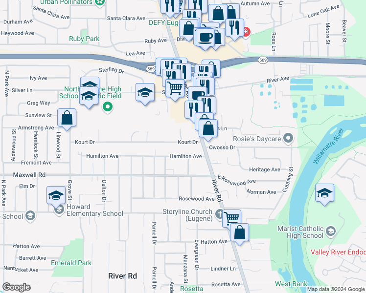map of restaurants, bars, coffee shops, grocery stores, and more near 94 Kourt Drive in Eugene