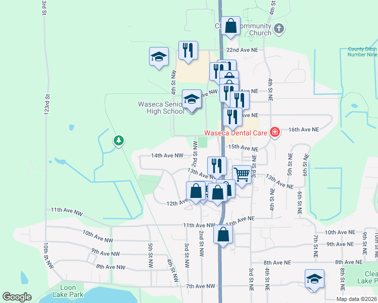 map of restaurants, bars, coffee shops, grocery stores, and more near 204 14th Avenue Northwest in Waseca