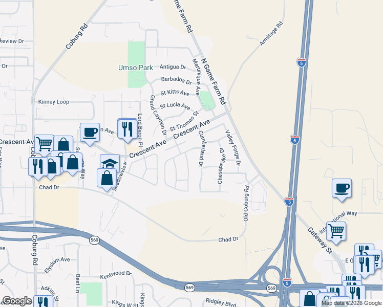 map of restaurants, bars, coffee shops, grocery stores, and more near 2644 Cumberland Drive in Eugene