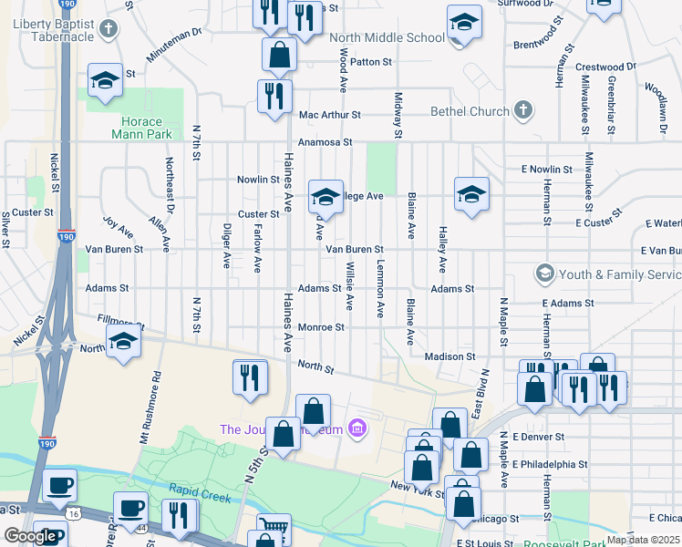 map of restaurants, bars, coffee shops, grocery stores, and more near 821 Willsie Avenue in Rapid City