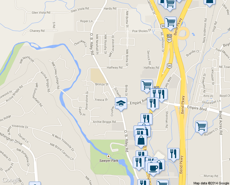 map of restaurants, bars, coffee shops, grocery stores, and more near 63137 O. B. Riley Road in Bend