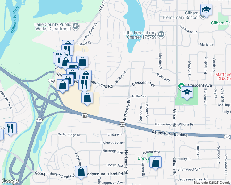 map of restaurants, bars, coffee shops, grocery stores, and more near 1490 Green Acres Road in Eugene