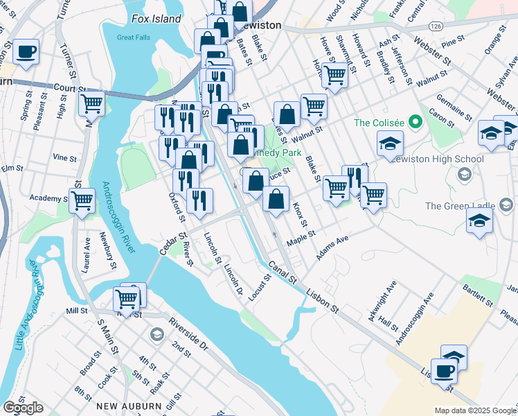 map of restaurants, bars, coffee shops, grocery stores, and more near 369 Lisbon Street in Lewiston