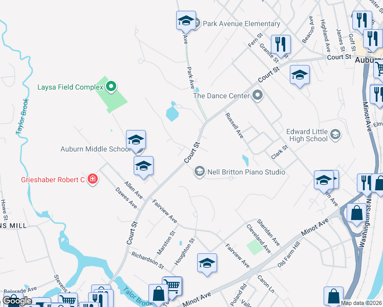 map of restaurants, bars, coffee shops, grocery stores, and more near 555 Court Street in Auburn