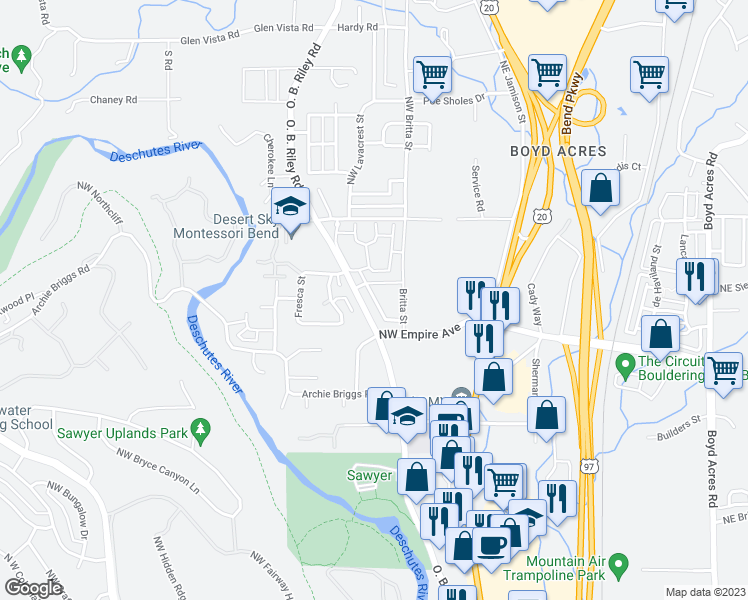 map of restaurants, bars, coffee shops, grocery stores, and more near Schaeffer Drive in Bend