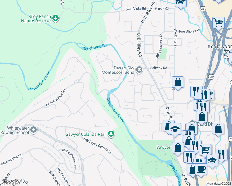 map of restaurants, bars, coffee shops, grocery stores, and more near 20136 Archie Briggs Road in Bend