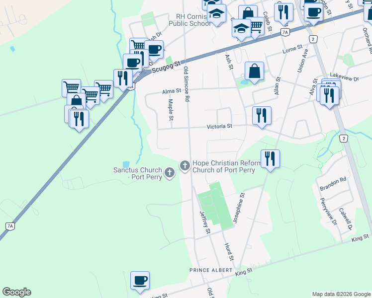 map of restaurants, bars, coffee shops, grocery stores, and more near 14585 Old Simcoe Road in Port Perry