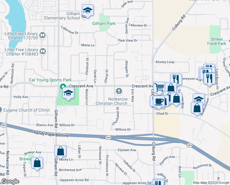 map of restaurants, bars, coffee shops, grocery stores, and more near 2682 Chuckanut Street in Eugene