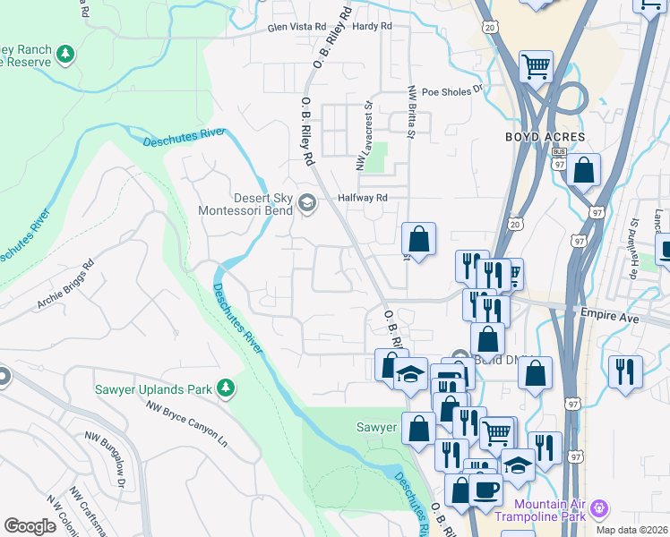 map of restaurants, bars, coffee shops, grocery stores, and more near 20242 Northwest Tristen Way in Bend