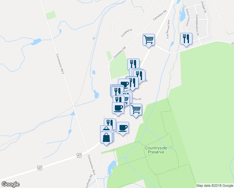 map of restaurants, bars, coffee shops, grocery stores, and more near 153 Cemetery Road in Uxbridge