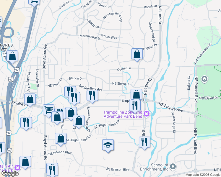 map of restaurants, bars, coffee shops, grocery stores, and more near 20769 Northeast Sierra Drive in Bend
