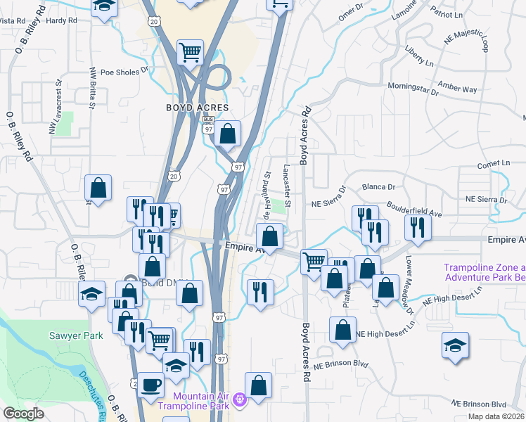 map of restaurants, bars, coffee shops, grocery stores, and more near 63143 de Haviland Street in Bend