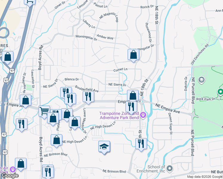 map of restaurants, bars, coffee shops, grocery stores, and more near 20769 Northeast Sierra Drive in Bend